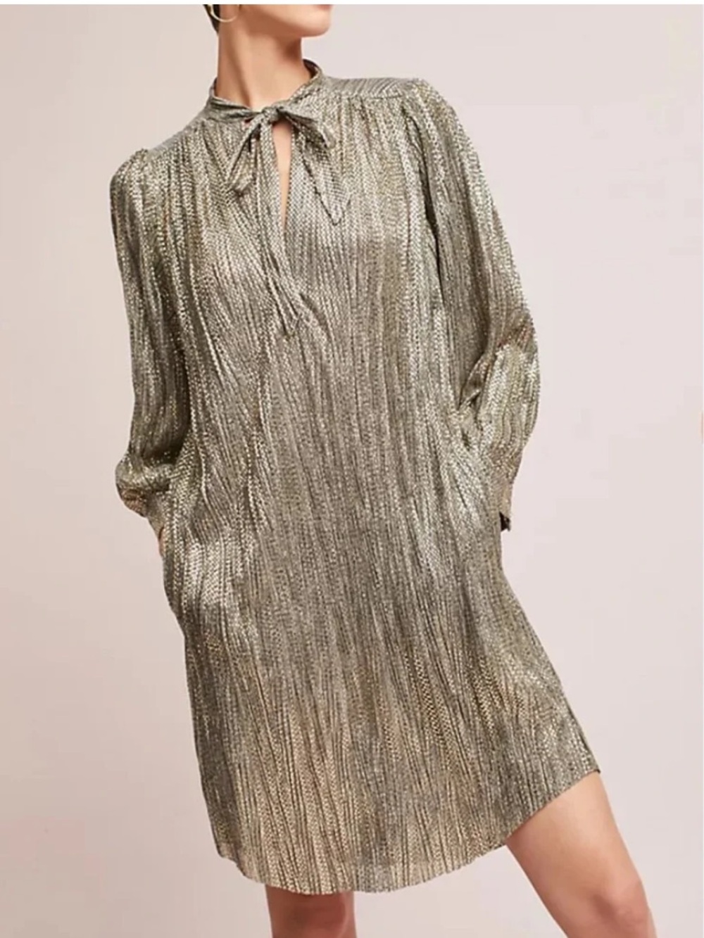 Sabina Musayev Tied Shimmer Gold Tunic Dress With Pockets Pleated Women Medium
